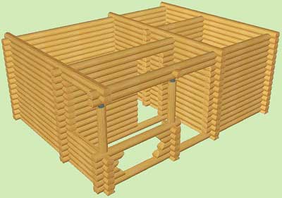 Сруб деревянного дома. Общий вид деревянного сруба дома. Проект деревянного сруба